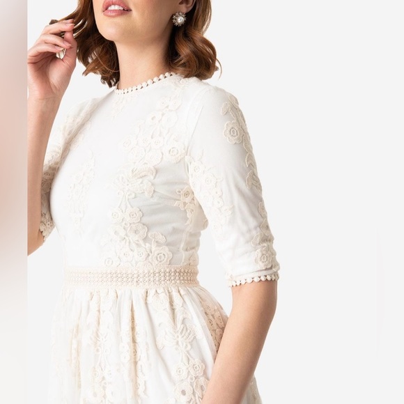 🦋B2G1🦋Vintage Style Antique Ivory Embroidered Lace Modest Midi Dress NWOT - Picture 5 of 14